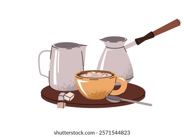 Cup of coffee with cezve and pitcher on isolated background. Vector composition of breakfast, lunch in flat cartoon style. Coffee time, coffee break.