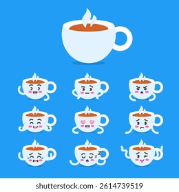 Cup of coffee character set poses and emotions, mascot of coffee industry, restaurants, Italy and education in cartoon kawaii style