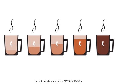 Cup of coffee with charge of energy level and cheerfulness. Vector illustration. Energy coffe level, aroma taste, cappuccino battery, grunge ingredient, aromatic charge, isolated caffeine