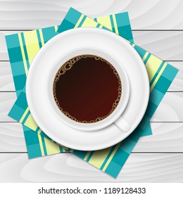 Cup of coffee with checkered napkins on white wooden table vector illustration