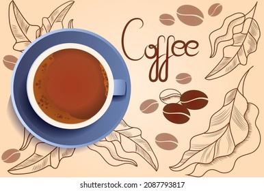 Cup of coffee. Cheerfulness, morning drink. Breakfast, break, delicious, hot. Graphic elements for coffee shop. Cafe restaurant kitchen. Comfort cozy home. Cartoon flat vector illustration