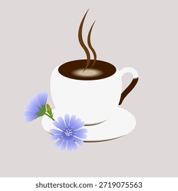 Eine Tasse Kaffee mit Zichorienblättern auf grauem Hintergrund.