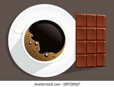 Cup of coffee and chocolate bar