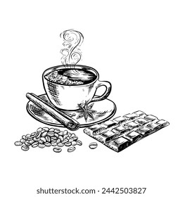 A cup of coffee with a chocolate bar with cinnamon and an anise star. The vector black and white illustration is hand-drawn on a white background. For printing, menus, postcards and packages.