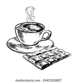 A cup of coffee with a chocolate bar. The vector, graphic black and white illustration is hand-drawn on a white isolated background. For printing, menus, postcards and packages. For banners, flyers.