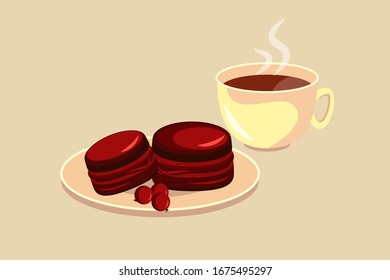 Cup of coffee and chocolate cakes on a platter with berries.