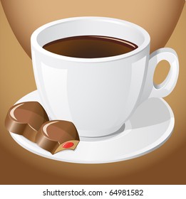 cup of coffee with chocolate candies vector illustration