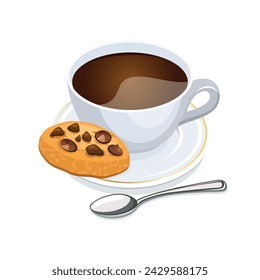 Cup of coffee and a chocolate chip cookie vector illustration. Black coffee in a white cup and round chocolate cookie icon vector isolated on a white background. Coffee and cookie drawing