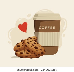 Cup of coffee and chocolate chip cookies. Vector illustration.