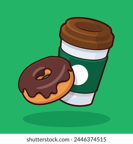 Cup of coffee and a chocolate donut cartoon illustration