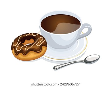 Tasse Kaffee und eine Schokolade Donut Vektor-Illustration. Schwarzer Kaffee in einer weißen Tasse und Donut-Ikone Vektor isoliert auf einem weißen Hintergrund. Kaffee und Donut Zeichnung