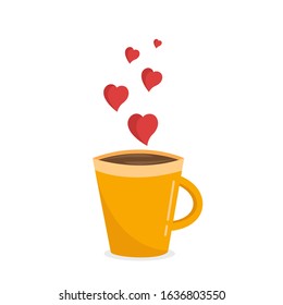 Cup of coffee or chocolate with hearts. Cappuccino cup. Latte art. Flat style. Vector illustration isolated on white