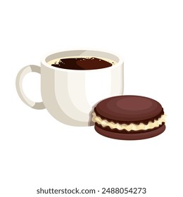 Cup of coffee with chocolate macaroon cake.Vector graphics.