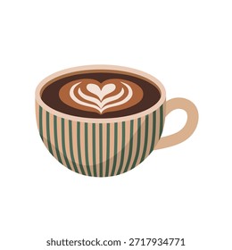 A cup of coffee with chocolate and a slice of cake on a white plate for breakfast
