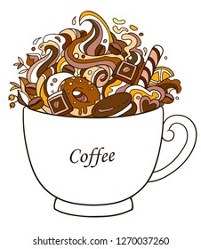 cup of coffee, chocolate, sweets, doodles, hand drawn