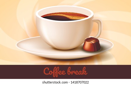 Cup Coffee and Chocolates on Saucer. Coffee Break. Vector Illustration. Nature Composition. Chocolate Candies. Confectionery Delicious. Candy Cane near Cup on Saucer. Aroma Coffee. Texture Background.