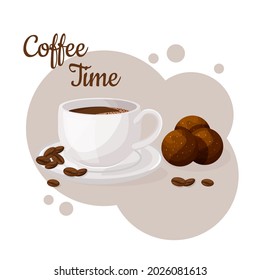 Cup of coffee and chokladboll. Coffee time concept. Isolated hand drawn vector illustration of cute breakfast food. 