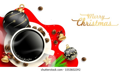 Cup of coffee with christmas balls decorations and coffee beans on white background from above. Hot drink smell of christmas. Winter coffee shop advertisement. -Vector
