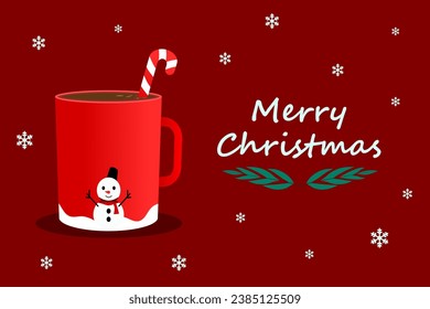 A cup of coffee with Christmas candy stick and snow on red background. Hot drink smell of Christmas. Vector illustration.