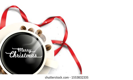 Cup of coffee with christmas decorations and coffee beans on white background from above. Hot drink smell of christmas. Winter coffee shop background. -Vector