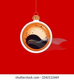 Cup of coffee with christmas decorations on red background from above. Christmas glass ball. Christmas decorations baubles transparent ball. 