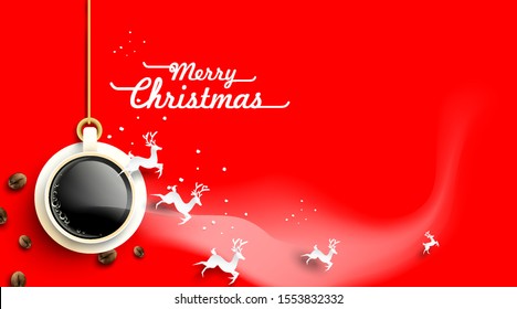Cup of coffee with christmas deer as decorations and coffee beans on red background from above. Hot drink smell of christmas. simple concept. Winter coffee shop background. -Vector