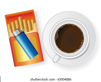 cup of coffee and cigarette in box with a cigarette-lighter vector illustration