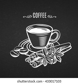 Cup of coffee with cinnamon and coffee beans. Decorative icons coffee in old chalk board style for brochures, banner, restaurant menu and cafe. Vector line art illustration cup coffe with spices.