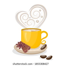 A Cup of coffee with cinnamon and grains isolated on a white background. Aromatic coffee with steam in the form of a heart. A Cup on a saucer with cinnamon and a few grains. Vector illustration.