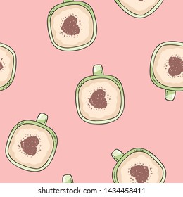 Cup of coffee with cinnamon heart ornament. Hand drawn cute cartoon seamless pattern. Texture background