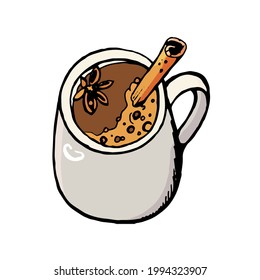 Cup of coffee with cinnamon stick hand drawn illustration isolated on white background
