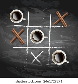 Taza de café, palitos de canela en la composición y forma de juego de tic-tac-toe sobre fondo de pizarra negra. Tic Tac Toe juego. Concepto de pausa para café, vista superior, Ilustración vectorial