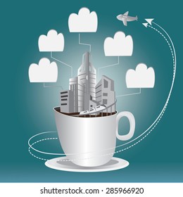 cup of coffee with city and clouds icons-illustration vector