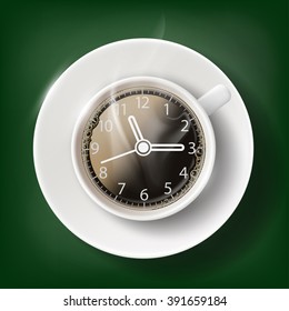 Cup of coffee with a clock face. Coffee break. Stock vector illustration.