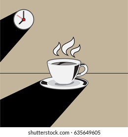 Cup of Coffee and clock with Long Shadow. Vector. Illustration.