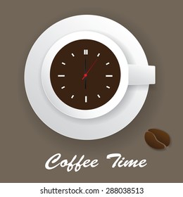 Cup of coffee with clock on its surface. Coffee time, coffee break concep
