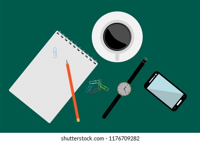 A cup of coffee, a clock, a smartphone and stationery on a single-colored colored surface, a top view