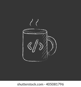 Cup of coffee with code sign. Drawn in chalk icon.