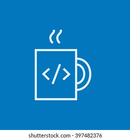 Cup of coffee with code sign line icon.