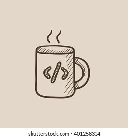 Cup of coffee with code sign sketch icon.