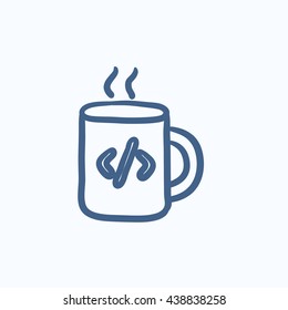 Cup of coffee with code sign vector sketch icon isolated on background. Hand drawn Cup of coffee with code sign icon. Cup of coffee with code sign sketch icon for infographic, website or app.
