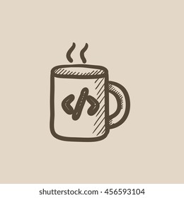 Cup of coffee with code sign vector sketch icon isolated on background. Hand drawn Cup of coffee with code sign icon. Cup of coffee with code sign sketch icon for infographic, website or app.