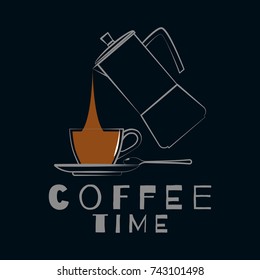 A cup of coffee and a coffeepot. Vector illustration. Linear icon.