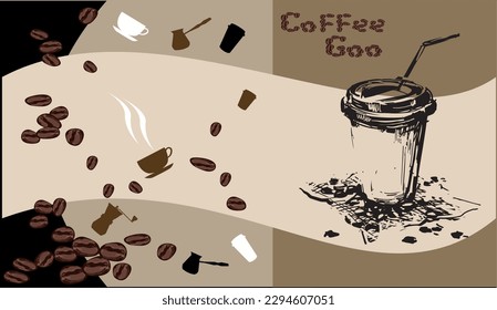 Una taza de café. Imagen de color dibujada en un plano gráfico del programa Adobe Illustrator. El dibujo está destinado a la impresión.