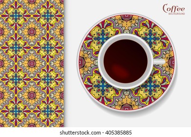 Cup of coffee with colorful floral geometric ornament on a saucer, seamless tribal ethnic pattern repeating texture.