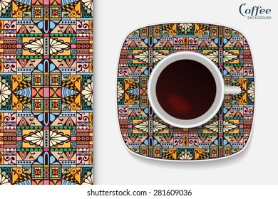 Cup of coffee with colorful geometric ornament on a saucer, seamless ethnic arabic pattern. Vector coffee concept