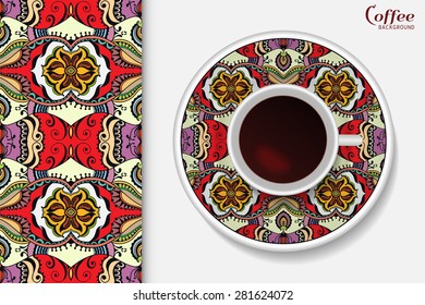 Cup of coffee with colorful geometric ornament on a saucer, seamless ethnic arabic pattern