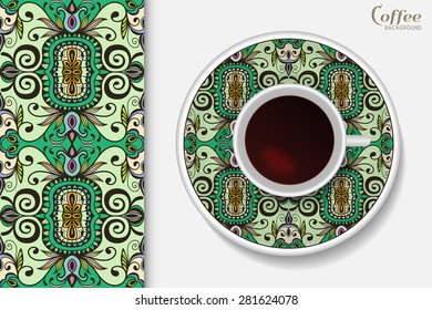 Cup of coffee with colorful geometric ornament on a saucer, seamless ethnic arabic pattern