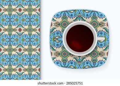 Cup of coffee with colorful geometric ornament on a saucer, seamless ethnic arabic pattern. Vector coffee concept