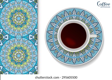 Cup of coffee with colorful geometric ornament on a saucer, seamless tribal ethnic pattern, mandala repeating texture.